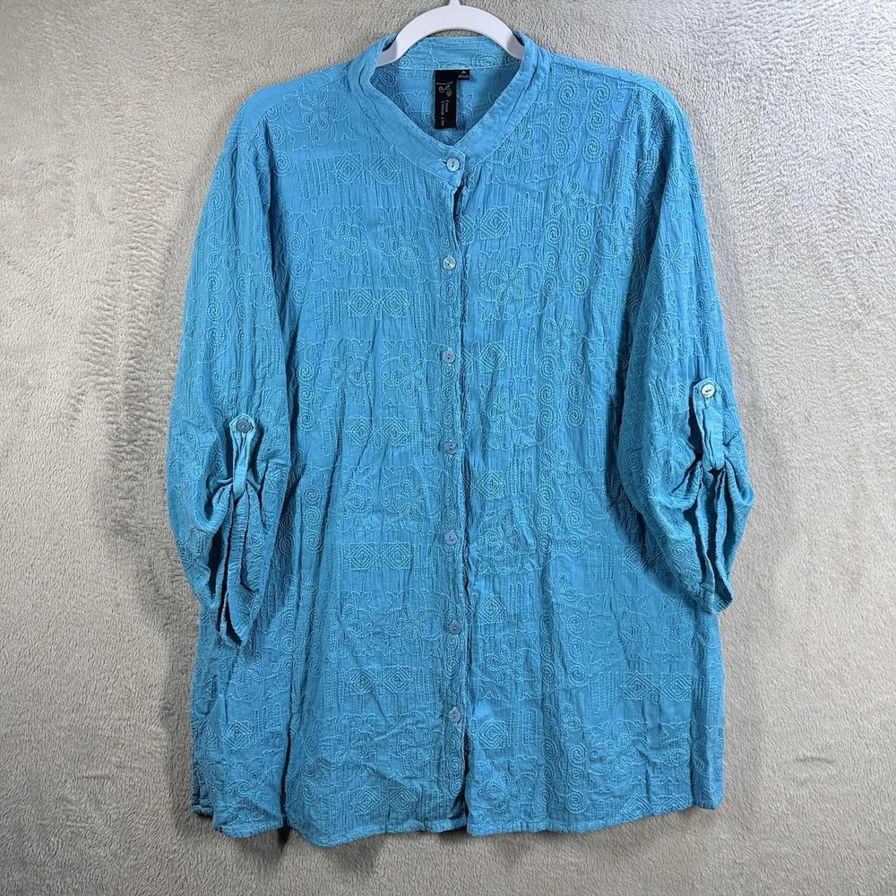 Focus Casual Life Tunic M Blue Cotton Button Up Shirt Lagenlook Boho Artsy Top